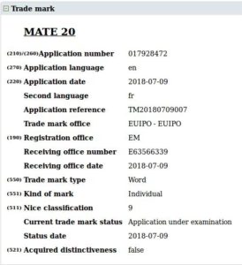 Huawei Mate 20 trademark