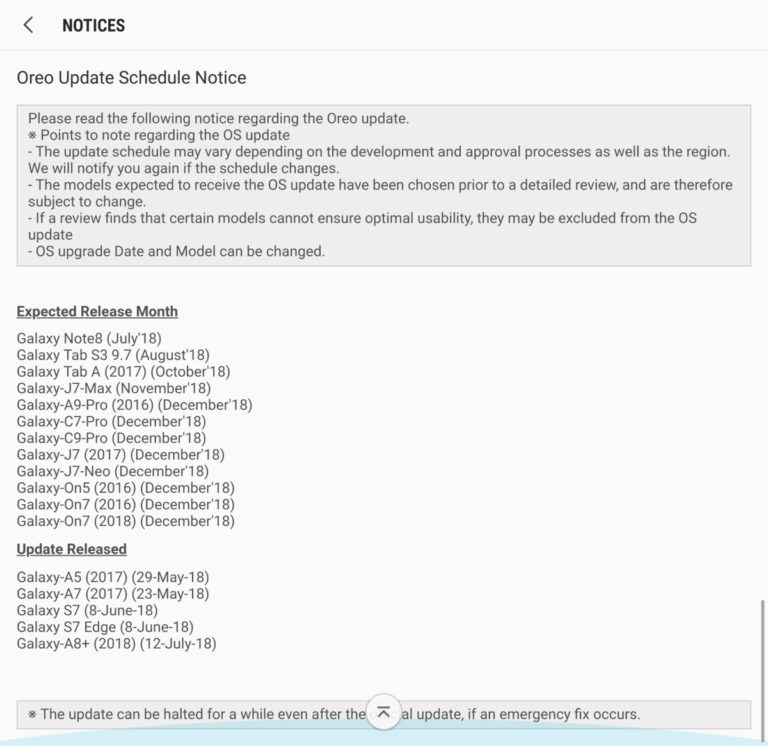 Samsung Oreo Schedule