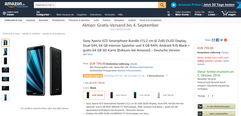 Amazon DE Sony Xperia XZ3