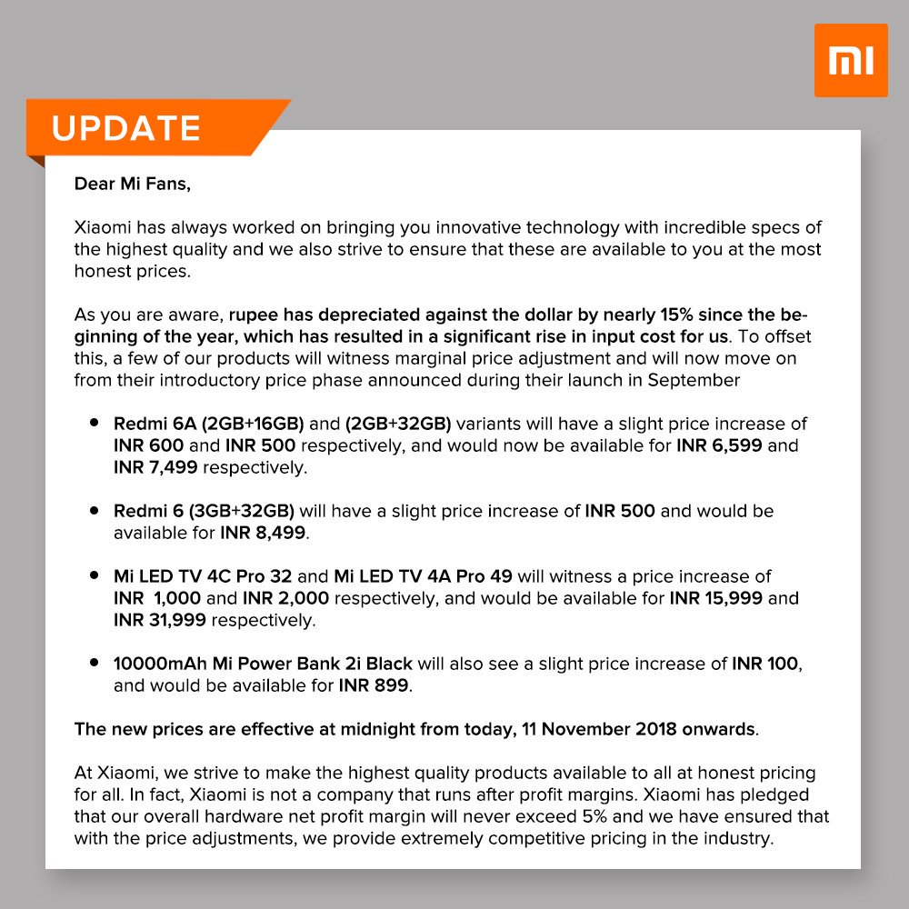 Xiaomi Price hike